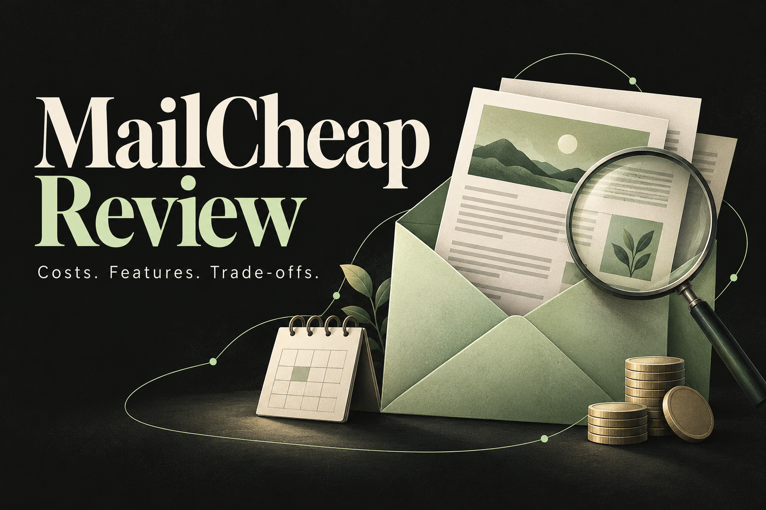 MailCheap Review illustration: newsletter pages, magnifying glass, calendar and coins